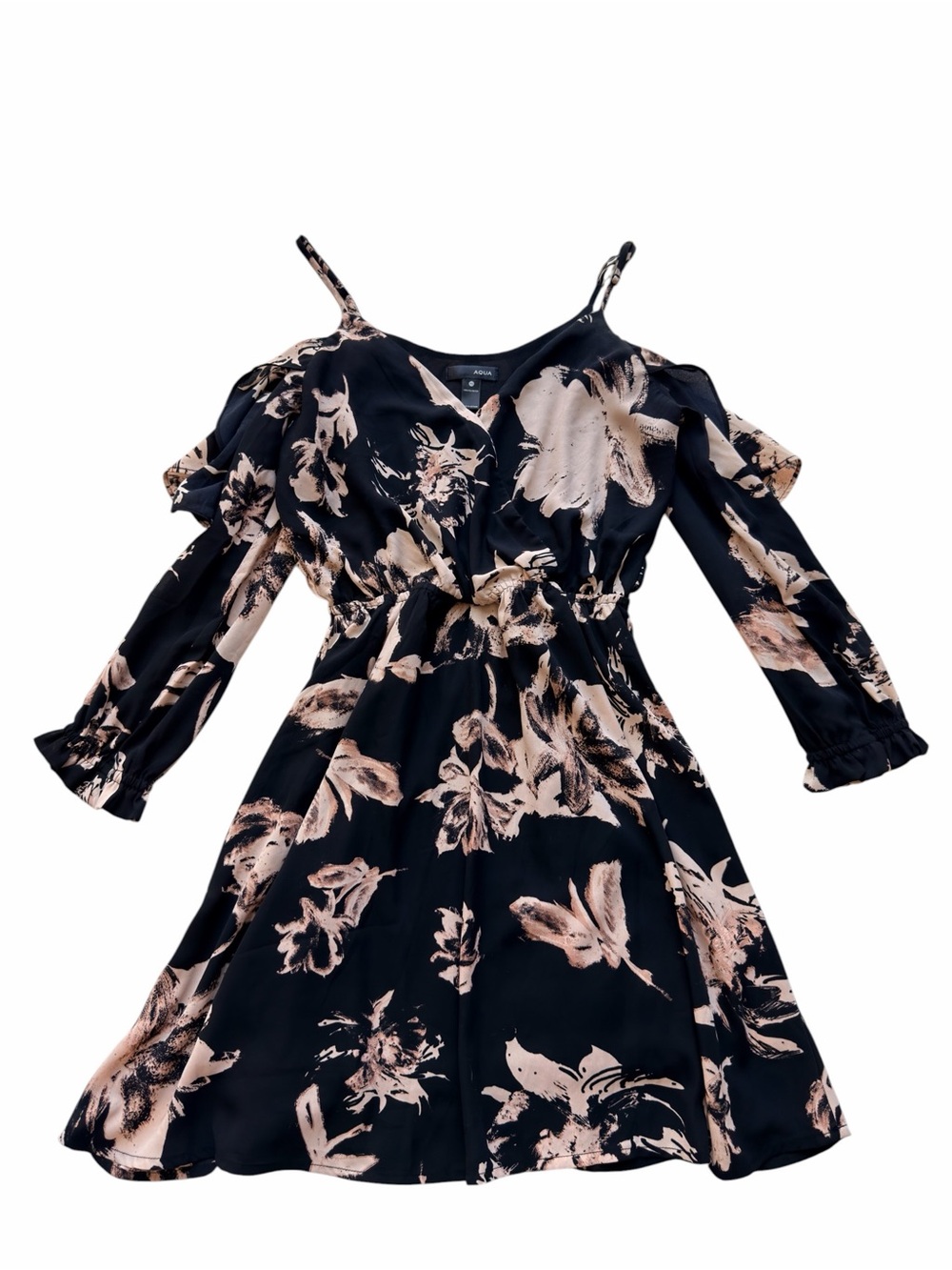 Aqua Black & Beige Floral Cold-Shoulder Summer Dress Size XS - Picture 2 of 7